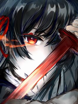 1girl black_choker black_hair chisa_(wuthering_waves) choker close-up commentary eye_trail hair_ribbon highres holding holding_sword holding_weapon izumi_(emerald15517) light_trail long_hair looking_at_viewer portrait red_eyes red_ribbon ribbon solo sword weapon wuthering_waves