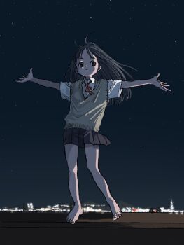 1girl barefoot black_eyes black_hair black_skirt brown_sweater_vest city_lights closed_mouth collared_shirt expressionless floating_hair highres konnyaroumaru long_hair looking_at_viewer neck_ribbon night on_wall original outdoors outstretched_arms pleated_skirt red_ribbon ribbon school_uniform shirt short_sleeves sidelighting skirt sky skyline solo spread_arms standing star_(sky) starry_sky sweater_vest white_shirt