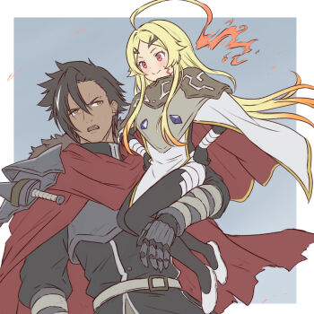 Rule 34 | 1boy, 1girl, ahoge, armor, belt, black bodysuit, black hair, black jacket, blonde hair, blush, bodysuit, border, brown eyes, cloak, closed mouth, commentary request, dagger, dark-skinned male, dark skin, ear piercing, embers, facial mark, fiery hair, floating hair, forbartz xylo, gauntlets, grey background, hair between eyes, hands on own hips, huge ahoge, jacket, knife, lifting person, long hair, long sleeves, looking at another, mugi (banban53), multicolored hair, open mouth, outside border, parted bangs, pauldrons, piercing, red cloak, red eyes, scar, scar across eyebrow, scar on face, sheath, sheathed, shoes, short hair, shoulder armor, smile, streaked hair, teoritta, two-sided cloak, two-sided fabric, two-tone cloak, upper body, very long hair, weapon, white belt, white border, white cloak, white hair, white shoes, yuushakei ni shosu