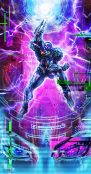 1girl 1other absurdres alien arm_up blue_skin colored_skin commentary dark_samus determined electricity energy_ball english_commentary extra_eyes eyelashes floating glitch glowing heads-up_display health_bar highres looking_at_viewer metroid metroid_prime_2:_echoes nintendo powering_up purple_background red_eyes samus_aran see-through_body signature twitter_username user_interface veins yasukuni_kazumasa