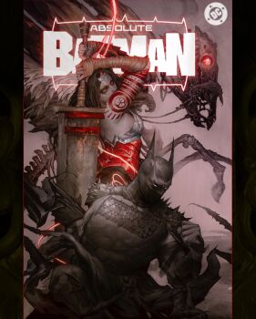 1boy 1girl absolute_batman absolute_dc absolute_wonder_woman back_spikes bat_mask batman batman_(absolute_dc) batman_symbol bodysuit cowl dc_comics grey_bodysuit highres huge_weapon red_tattoo superhero_costume tattoo tattoo_sleeve weapon wonder_woman