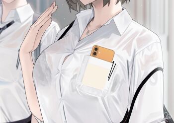 2girls bra_visible_through_clothes breast_pocket breasts cellphone collared_shirt commentary_request highres large_breasts multiple_girls original phone phone_in_pocket pocket rerrere shirt short_hair smartphone solo_focus white_shirt