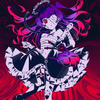 1girl absurdres album_cover bag bandaged_arm bandages bandaid bandaid_on_arm bandaid_on_face bandaid_on_leg bare_shoulders breasts chest_sarashi cover down_timer_(vocaloid) dress floating_hair flower frilled_dress frills garter_straps gradient_hair head_wreath highres holding long_hair looking_at_viewer multicolored_hair navel nou_(nounknown) official_art one_eye_covered open_mouth original purple_hair red_background red_eyes red_hair sarashi single_garter_strap single_thighhigh small_breasts solo thighhighs torn_clothes torn_thighhighs two_side_up vocaloid zipper zipper_pull_tab