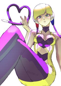 Rule 34 | 1girl, bare arms, bintoro 06, black choker, blonde hair, blue eyes, blunt bangs, breasts, choker, collarbone, commentary request, crossed legs, dress, elesa (pokemon), headphones, highres, knees up, medium breasts, nintendo, pantyhose, pencil dress, pokemon, pokemon bw, short dress, short hair, sleeveless, sleeveless dress, solo, yellow dress