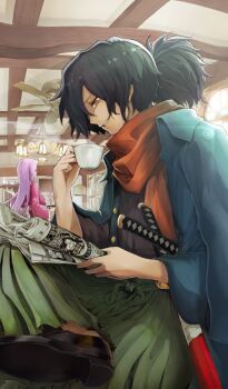 1boy 1girl apron black_hair black_kimono black_shoes blue_jacket buttons ceiling_fan commentary cup diffraction_spikes fate/grand_order fate_(series) figure_four_sitting foot_out_of_frame glasses green_hakama hair_over_one_eye hakama hakama_pants holding holding_cup holding_newspaper holding_tray indoors jacket japanese_clothes katana kimono lens_flare light_rays male_focus medusa_(fate) medusa_(gudaguda_poster_girl)_(fate) medusa_(rider)_(fate) mini_nobu_(fate) newspaper non-web_source oda_nobunaga_(fate) official_art okada_izou_(fate) orange_eyes orange_scarf pants parted_lips pink_kimono ponytail purple_hair scarf sheath sheathed shoes sitting smirk solo_focus steam sunbeam sunlight sword syatey teeth third-party_source tray weapon white_apron window