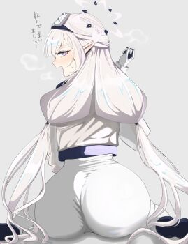 1girl artist_request ass blue_archive blush bodysuit boots from_behind gloves half_updo halo himari_(blue_archive) himari_(bodysuit)_(blue_archive) huge_ass long_hair looking_at_viewer looking_back low_twintails open_mouth pointy_ears purple_eyes sitting skin_tight smile solo sweatdrop translation_request twintails very_long_hair wariza white_hair