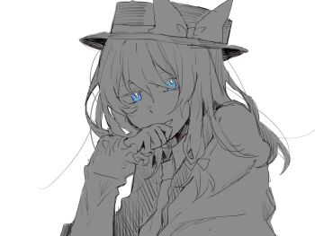 1girl alternate_eye_color alternate_hair_length_(longer) blue_eyes bow collared_shirt commentary dated_commentary hair_between_eyes hair_bow hat hat_bow highres long_hair long_sleeves looking_at_viewer necktie open_mouth oriharareimu shirt solo spot_color touhou usami_renko white_background