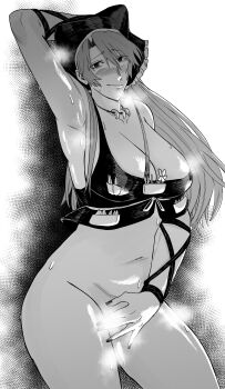 1girl absurdres arm_behind_head armpits axel_hi blush bottomless breasts cleavage closed_mouth commentary_request convenient_censoring covering_crotch covering_privates fingernails greyscale hair_between_eyes haniyasushin_keiki headscarf highres jewelry large_breasts long_hair looking_at_viewer magatama magatama_necklace monochrome necklace single_strap smile solo steam steam_censor touhou