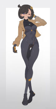 1girl black_bodysuit black_gloves black_hair bodysuit breasts brown_jacket closed_mouth dark-skinned_female dark_skin emma_(pokemon) full_body gloves hair_ornament highres jacket kmconceptart latex latex_bodysuit looking_at_viewer medium_breasts mega_stone nintendo one_eye_closed open_clothes open_jacket orange_gloves pokemon pokemon_legends:_z-a purple_eyes shoes short_hair simple_background smile solo