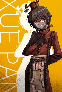 1boy 99dulgi absurdres black_gloves braid brown_hair chinese_clothes colored_skin commentary_request dated eyelashes furrowed_brow gloves grey_skin highres korean_commentary limbus_company looking_at_viewer male_focus orange_background project_moon signature smile solo standing talisman teeth twin_braids wide-eyed xue_pan_(project_moon) yellow_eyes