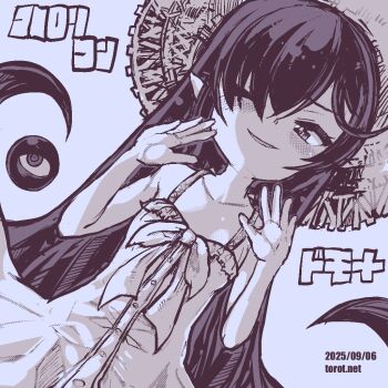 1girl backbeako_(torotei) backbeard blue_background blue_theme blush bow collarbone commentary dated dated_commentary dress dress_bow dutch_angle gegege_no_kitarou hair_down hair_over_one_eye hands_up hat kono_lolicon_domome long_hair looking_at_viewer monochrome one_eye_closed original paid_reward_available parted_lips pointy_ears simple_background sleeveless sleeveless_dress smile solo sun_hat sundress torotei translated very_long_hair watermark web_address