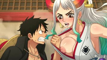 1boy 1girl absurdres angry blush breasts earrings highres horns jewelry monkey_d._luffy multicolored_hair nipples one_piece open_mouth white_hair yamato_(one_piece)
