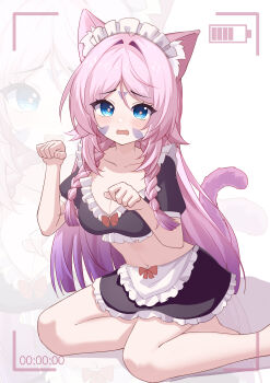 Rule 34 | 1girl, absurdres, alternate costume, animal ear fluff, animal ears, apron, black skirt, blue eyes, blush, bow, braid, breasts, cat ears, cat tail, citlali (genshin impact), cleavage, collarbone, commentary, crop top, enmaided, facial mark, foot out of frame, forehead mark, frilled apron, frilled hairband, frills, genshin impact, gradient hair, hairband, hands up, highres, kemonomimi mode, large variant set, long hair, looking at viewer, maid, maid headdress, medium breasts, multicolored hair, navel, open mouth, paw pose, pink hair, pink pupils, purple hair, purple tail, red bow, sitting, skirt, stomach, tail, triangle, triangle facial mark, twin braids, variant set, very long hair, waist apron, white apron, white background, white hairband, yaoli (ysxbd), zoom layer