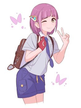 Rule 34 | 1girl, ;), backpack, bag, brown eyes, closed mouth, collared shirt, commentary request, gloves, highres, hinoyama kou, lacey (pokemon), looking at viewer, necktie, nintendo, one eye closed, partially fingerless gloves, pink hair, pokemon, pokemon sv, purple necktie, purple shorts, red gloves, school uniform, shirt, short hair, short sleeves, shorts, single glove, smile, solo, uva academy school uniform, v, white background, white shirt