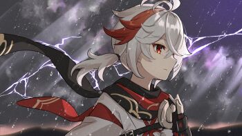 1boy antenna_hair closed_mouth cloud cloudy_sky commentary_request crossed_bangs double-parted_bangs genshin_impact grey_hair hair_between_eyes kaedehara_kazuha long_hair male_focus multicolored_hair outdoors portrait rain red_eyes red_hair shirt shuu_(syuuuuuuuuuu) sky solo two-tone_hair white_shirt