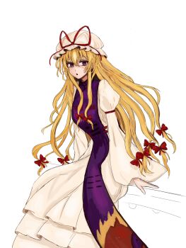 1girl 83mkneinlsqmebq :o blonde_hair commentary dress expressionless hair_between_eyes hair_ribbon hat highres long_hair long_sleeves looking_at_viewer mob_cap parted_lips purple_eyes purple_tabard ribbon sitting solo tabard touhou very_long_hair white_background white_dress yakumo_yukari