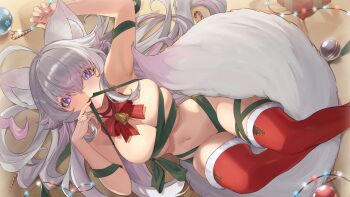 1girl :3 ahoge animal_ear_fluff animal_ears bell bow box breasts breasts_squeezed_together candy candy_cane cat_ears cat_girl cat_tail christmas christmas_lights christmas_ornaments christmas_present colored_inner_hair commentary commission english_commentary eyes_visible_through_hair food fur-trimmed_legwear fur_trim gift gift_box green_ribbon hair_between_eyes heart heart_ahoge highres indie_virtual_youtuber large_breasts long_hair looking_at_viewer lying mouth_hold multicolored_hair naked_ribbon navel neck_bell on_back purple_eyes red_nails red_ribbon red_thighhighs ribbon ribbon-trimmed_bow ribbon_in_mouth ribbon_trim ritence shiyuonline smile solo solo_focus tail thighhighs white_hair