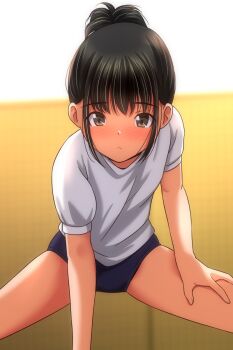 1girl black_buruma black_hair blush brown_eyes buruma gym gym_uniform hair_bun hand_on_own_thigh highres leaning_forward looking_at_viewer matsunaga_kouyou multicolored_hair open_mouth original shirt short_sleeves sidelocks spread_legs standing streaked_hair white_shirt