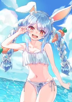 animal_ears beach bikini blue_hair blue_sky blush bow braid breasts carrot cloud cloudy_sky day extra_ears green_tea_(matchaistasty) hair_bow hair_ornament highres hololive horizon houshou_marine long_hair navel ocean open_mouth outdoors rabbit_ears side-tie_bikini_bottom sky smile swimsuit thick_eyebrows twin_braids twintails usada_pekora virtual_youtuber water white_bikini white_bow white_hair