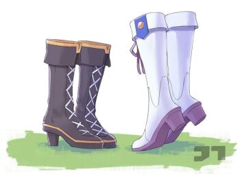 2girls ankle_boots black_boots block_heels boots feet foot_focus footwear_focus footwear_ribbon grass high_heel_boots high_heels implied_kiss invisible jtleeklm lace-up_boots mejiro_mcqueen_(frontline_elegance)_(umamusume) mejiro_mcqueen_(umamusume) multiple_girls object_focus on_grass purple_ribbon ribbon ribbon_shoes signature tiptoes tokai_teio_(peak_joy)_(umamusume) tokai_teio_(umamusume) umamusume white_background white_boots yuri