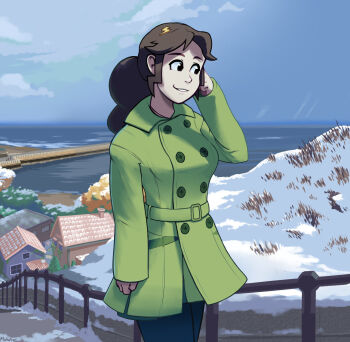 1girl alternate_eye_color artist_name autumn_leaves belted brown_eyes brown_hair buttons cloud cloudy_sky coast dead_plants denim denim_pants double-breasted female_focus green_jacket green_shirt hair_ornament hand_at_side hand_on_own_head handrail highres hill house jacket jewelry leaf lightning_bolt lightning_bolt_hair_ornament lightning_bolt_symbol looking_ahead michafrar nova_summers ocean original pier ponytail roof shadow shirt shore sky smile snow solo