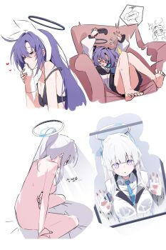 3girls absurdres against_glass black_halo blue_archive bottle bow_hairband breast_press completely_nude controller couch flying_sweatdrops game_controller hair_down hair_ornament hairband halo high_ponytail highres holding holding_bottle holding_controller holding_game_controller long_hair mechanical_halo mmhomm multiple_girls noa_(blue_archive) nude on_couch ponytail purple_eyes purple_hair sweat translation_request triangle_hair_ornament tripping water_bottle wet white_background white_hair white_halo wide-eyed yuuka_(blue_archive) yuuka_(pajamas)_(blue_archive) yuzu_(blue_archive)