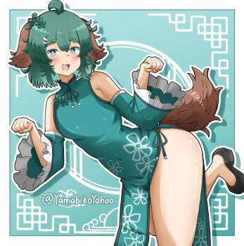 1girl :d absurdres ahoge alternate_costume animal_ears black_shoes blush bright_pupils china_dress chinese_clothes commentary detached_sleeves dog_ears dog_girl dog_tail dress fang floral_print flower green_background green_dress green_eyes green_hair hair_flower hair_ornament highres kasodani_kyouko leg_up looking_at_viewer open_mouth outline paw_pose shoes short_eyebrows short_hair smile solo symbol-only_commentary tail thighs touhou twitter_username white_outline white_pupils yamabikoyahoo