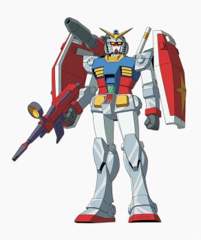 Rule 34 | absurdres, beam rifle, clenched hand, commentary, energy gun, english commentary, full body, grey background, gun, gundam, highres, holding, holding gun, holding weapon, looking at viewer, may:be, mecha, mecha focus, mobile suit gundam, no humans, robot, rx-78-2 gundam, science fiction, shield, shoulder cannon, simple background, solo, v-fin, weapon, yellow eyes