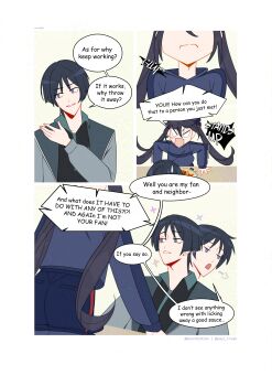 1boy 1girl absurdres adam's_apple alternate_costume alternate_universe arrow_(symbol) artist_name asymmetrical_bangs averting_eyes black_hair black_hood black_hoodie black_shirt black_shorts black_sleeves blank_eyes blunt_ends casual closed_mouth collar collared_shirt contemporary english_text fingernails food food_request genshin_impact genshinribu green_collar grey_eyes grey_jacket grey_sleeves gulping hair_between_eyes hand_up head_tilt highres hood hood_down hoodie jacket left-to-right_manga long_hair long_sleeves looking_to_the_side mona_(genshin_impact) open_clothes open_hand open_jacket parted_bangs plate puff_of_air scaramouche_(genshin_impact) shirt shorts sidelocks slamming_table speech_bubble standing sweatdrop tsurime twintails undershirt wispy_bangs