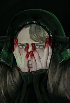 Rule 34 | 1girl, blood, blood on hands, commentary, detached hood, dungeon meshi, ear covers, elvenitalian, english commentary, hands on own face, highres, long hair, marcille donato, marcille donato (lord), portrait, solo, unfinished