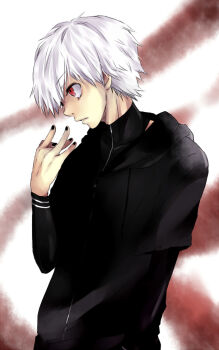 Rule 34 | 1boy, arm at side, black jacket, black nails, commentary request, cracking knuckles, hood, hood down, hooded jacket, jacket, kagune (tokyo ghoul), kaneki ken, long sleeves, male focus, parted lips, profile, red eyes, shishi (eai make), short hair, solo, tokyo ghoul, upper body, white hair, zipper