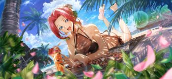 1girl akagi_benio artist_request ass bare_shoulders barefoot beach bikini black_bikini black_nails blue_eyes blue_sky blurry blurry_foreground blush bokeh breasts butt_crack c.c. cherry cleavage cloud code_geass code_geass:_lost_stories collarbone crossed_wrists cup day depth_of_field drink drinking_glass drinking_straw dutch_angle earrings feet feet_up female_focus flower food forehead fruit full_body game_cg green_hair hair_intakes half-closed_eyes happy head_tilt hibiscus highres ice ice_cube jewelry kouzuki_kallen light_blush light_rays looking_at_viewer lying medium_breasts multi-strapped_bikini_bottom multicolored_hair nail_polish necklace non-web_source ocean official_art on_stomach open_mouth orange_(fruit) orange_slice outdoors palm_tree petals red_flower see-through_bikini see-through_clothes ship short_hair sidelocks sky smile soles solo_focus sparkle streaked_hair sunglasses sunlight sweat swimsuit teeth toes tree two-tone_hair unworn_eyewear unworn_jewelry unworn_necklace updo watercraft yellow-framed_eyewear