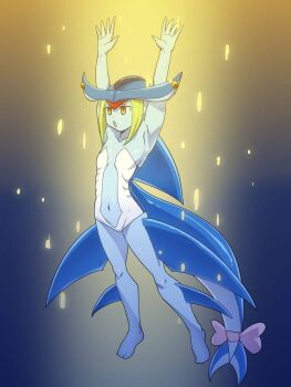 Rule 34 | arcana heart, arms up, blue skin, bow, colored skin, fish tail, green hair, pistrix, shark fin, shark girl, shark tail, tail