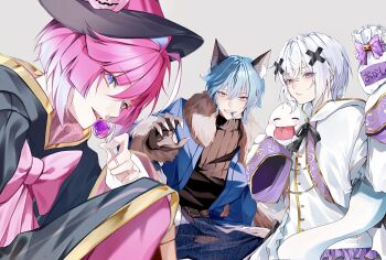 3boys ahoge animal_ears blue_eyes blue_hair blue_jacket bow candy claw_pose commentary fingernails food fur-trimmed_jacket fur_trim gradient_hair grey_background grin hair_between_eyes hair_ornament hat highres holding holding_candy holding_food holding_lollipop jacket lapis_(meteorites) lollipop looking_at_viewer male_focus melt_(meteorites) meteorites_(stpr) mikasa_(meteorites) multicolored_hair multiple_boys parted_lips pink_bow pink_hair purple_eyes sharp_fingernails short_hair simple_background sleeves_past_fingers sleeves_past_wrists smile tongue tongue_out white_hair white_jacket white_nails witch_hat x_hair_ornament ymayma_da