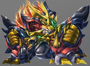 Rule 34 | armor, chibi, chibi only, commentary request, deformed, drill, full armor, gattai, genesic gaogaigar, glowing, highres, looking at viewer, mecha, mecha focus, nica (32400260), no humans, orange eyes, orange hair, robot, science fiction, solo, super robot, v-fin, wings, yuusha ou gaogaigar, yuusha ou gaogaigar final, yuusha series