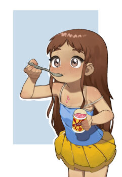 1girl armpit_crease blue_camisole brown_eyes brown_hair camisole dark-skinned_female dark_skin eating flat_chest highres long_hair sayama_chie shoujo_ramune skirt solo spoon yellow_skirt yokappa_(jokappa)