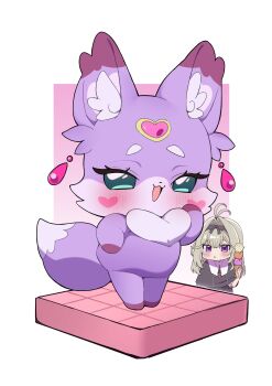 Rule 34 | 1girl, :3, :o, absurdres, antenna hair, aqua eyes, blush, blush stickers, commentary request, earrings, fairy, floating earrings, fox, hair intakes, highres, holding, holding ice cream cone, ice cream cone, jewelry, long hair, looking at another, looking at viewer, mashu-tan, meitantei precure!, michi no ji, moria luluka, necklace, open mouth, precure, purple eyes, purple fur, seductive smile, smile, solo focus