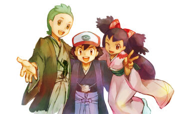 1girl 2boys ash_ketchum baseball_cap black_hair bow brown_eyes cilan_(pokemon) commentary_request dark-skinned_female dark_skin green_hair hair_bow hakama haori hat iris_(pokemon) isumimax japanese_clothes kimono long_hair multiple_boys nintendo obi one_eye_closed open_mouth pokemon pokemon_(anime) pokemon_(creature) pokemon_bw_(anime) reaching reaching_towards_viewer sash short_hair smile two_side_up very_long_hair wide_sleeves