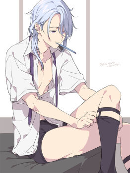 Rule 34 | 1boy, adjusting clothes, adjusting legwear, asymmetrical hair, black male underwear, black socks, blue hair, boxers, closed mouth, crossed legs, dressing, genshin impact, hair between eyes, highres, indoors, kamisato ayato, legwear garter, looking down, male focus, male underwear, medium hair, mouth hold, necktie, nipples, on bed, partially unbuttoned, purple eyes, purple necktie, shirt, short sleeves, sitting, socks, solo, soranomonooki, toothbrush, toothbrush in mouth, twitter username, underwear, undone necktie, white shirt