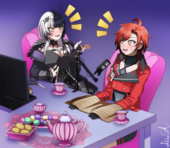 1boy 1girl ahoge alinesm arm_warmers black_arm_warmers black_bodysuit black_choker black_dress black_gloves black_hair black_nails black_shorts bodysuit book breasts chair chest_belt choker cleavage coat commentary commission computer_keyboard cookie cup dress english_commentary food fur-trimmed_coat fur_trim gloves grey_hair hair_between_eyes hair_ornament holding holding_book hololive hololive_english holostars holostars_english indoors jacket jewelry lace lace-trimmed_choker lace_choker lace_trim lapels large_breasts long_hair long_sleeves looking_at_another macaron machina_x_flayon machina_x_flayon_(1st_costume) microphone microphone_stand monitor multicolored_hair notice_lines office_chair open_mouth orange_eyes plate reading red_hair red_jacket ring saucer scissors shiori_novella shiori_novella_(1st_costume) short_hair shorts signature sitting smile split-color_hair striped_arm_warmers sweat swivel_chair table tape taped_arms tea tea_set teacup teapot teeth tray two-tone_hair virtual_youtuber yellow_eyes