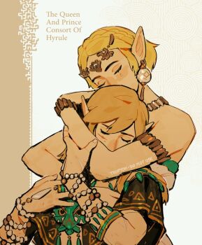 1boy 1girl armlet arms_around_neck braid circlet closed_eyes couple crown_braid english_text facial_scar hetero hug hug_from_behind jewelry link nintendo parted_bangs pointy_ears princess_zelda pyonteo scar scar_on_cheek scar_on_face short_hair sidelocks teardrop_facial_mark the_legend_of_zelda the_legend_of_zelda:_breath_of_the_wild the_legend_of_zelda:_tears_of_the_kingdom upper_body