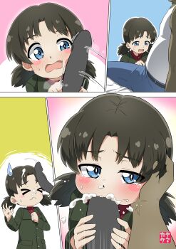 1boy 1girl 4koma absurdres black_hair blue_eyes blush comic cum cum_in_mouth cum_on_body ejaculation facial fellatio girls_und_panzer grabbing_another&#039;s_face head_grab hetero highres loli nina_(girls_und_panzer) open_mouth oral penis penis_awe pravda_military_uniform yamakake_(tororo1293)