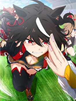 2girls absurdres animal_ears black_thighhighs breasts cleavage cleavage_cutout clenched_teeth clothing_cutout commentary genjitsu_steel_(umamusume) highres horse_ears horse_girl japanese_clothes kitasan_black_(umamusume) md5_mismatch medium_breasts miniskirt misaki_nonaka motion_lines multicolored_hair multiple_girls outdoors pleated_skirt red_eyes resolution_mismatch running skirt source_larger speed_lines teeth thighhighs two-tone_hair umamusume yellow_skirt