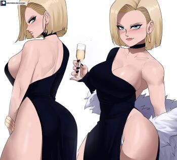 absurdres android_18 black_choker black_dress black_nails blonde_hair blue_eyes breasts choker cleavage coat dragon_ball dragonball_z dress drink echo_saber fur_coat highres holding holding_drink light_smile looking_at_viewer makeup multiple_views short_hair side_slit sideboob thighs
