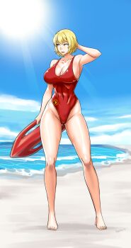 Rule 34 | 1girl, baywatch, beach, blonde hair, boogeyboard, breasts, devil-v, highres, huge breasts, lifeguard, swimsuit