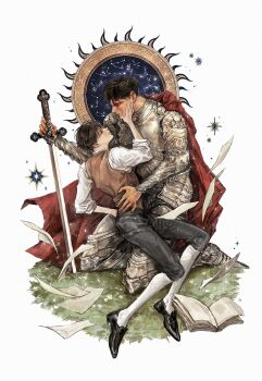 Rule 34 | 2boys, armor, black hair, book, brown vest, cape, constellation, flying paper, full body, grass, hand on another's face, hand on another's waist, highres, kim dokja, kneeling, knight, male focus, multiple boys, oldest dream, omniscient reader's viewpoint, open book, paper, planted, planted sword, planted weapon, red cape, roventus, seiza, shirt, short hair, sitting, sitting on lap, sitting on person, sleeves rolled up, sparkle, starry sky print, sun behind head, sun print, sword, vest, weapon, white shirt, yoo joonghyuk, zodiac