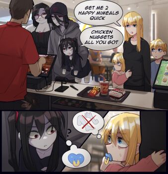 3boys 5girls absurdres amputee arthur_(popopoka) black_hair blonde_hair blue_eyes breasts commentary english_commentary english_text erika_(popopoka) fat food highres hood hood_down hoodie large_breasts long_hair long_sleeves mcdonald's mimi_(popopoka) multiple_boys multiple_girls open_mouth original pacifier popopoka quadruple_amputee shirt short_hair son_goku standing