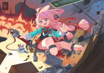 1girl ahoge animal_ear_fluff animal_ear_piercing animal_ears animal_feet anklet blurry blurry_foreground braid braided_twintails bright_pupils charm_(object) commentary_request copyright_logo copyright_name explosion furry furry_female green_shirt hair_intakes highres holding holding_sword holding_weapon jewelry logo long_hair looking_to_the_side motion_blur open_mouth outdoors pink_fur pink_hair rabbit_ears rabbit_girl red_eyes screw shirt short_eyebrows sign sima_naoteng solo sword thick_eyebrows weapon white_pupils wooden_box zenless_zone_zero zhao_(zenless_zone_zero)