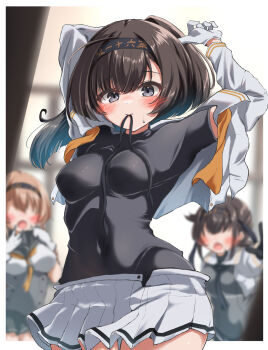 3girls akizuki_(kancolle) akizuki_kai_ni_(kancolle) black_hair black_headband black_shirt commentary_request dressing grey_eyes hatsuzuki_(kancolle) hatsuzuki_kai_ni_(kancolle) headband highres jacket kantai_collection kasashi_(kasasi008) mouth_hold multiple_girls neckerchief open_clothes open_jacket orange_neckerchief ponytail shirt skirt solo_focus teruzuki_(kancolle) undershirt undone_neckerchief white_jacket white_skirt