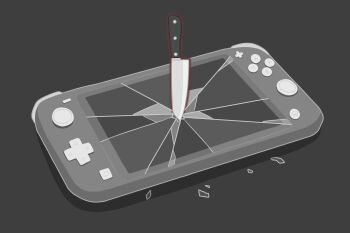 black_background commentary_request cracked_screen hatoba_(hatoba_yado) highres knife nintendo nintendo_switch no_humans omori simple_background still_life